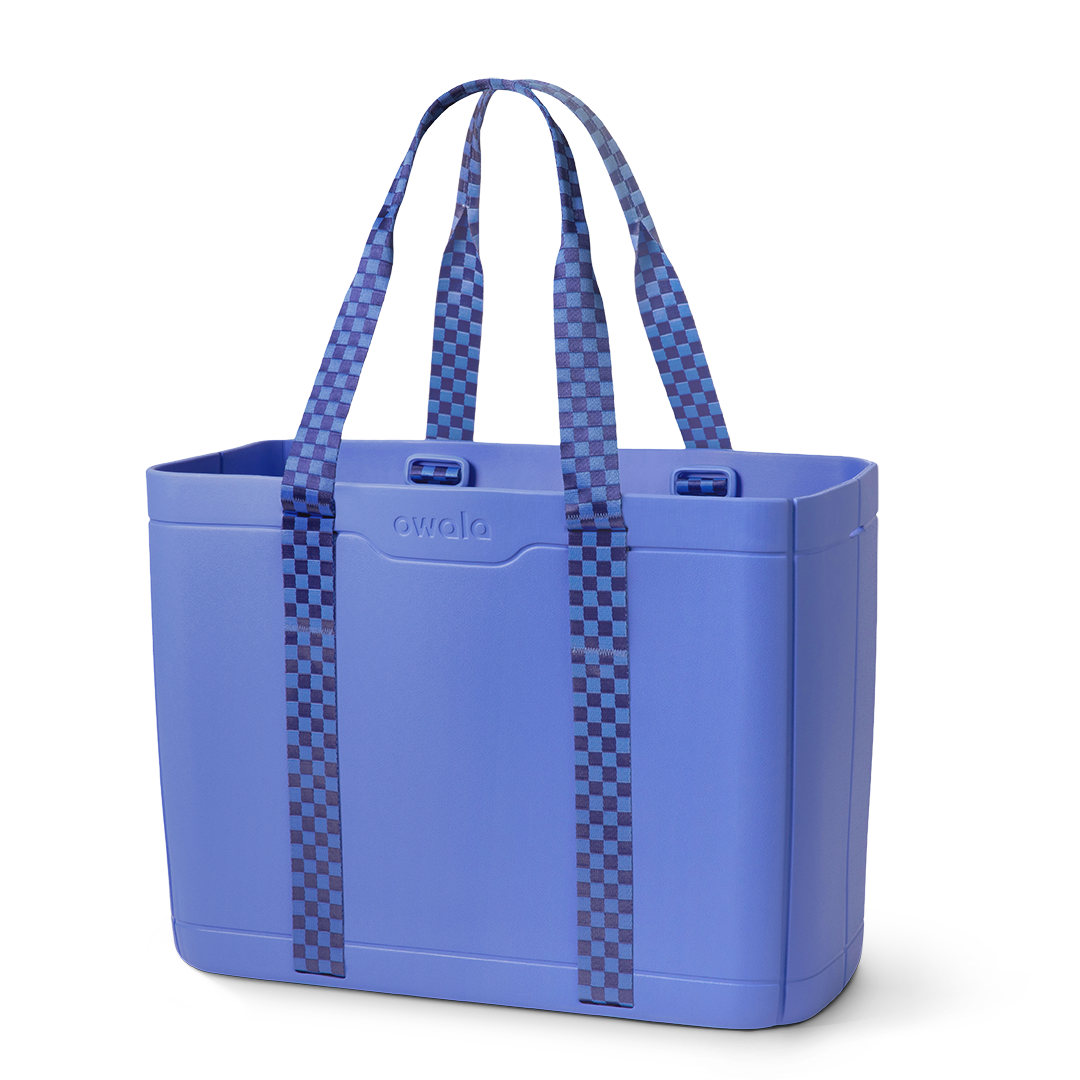 Sun-Day Collapsible Tote in Wavelength, periwinkle blue tote bag with dark navy checkerboard patterned carry loops and blue horizontal strap accent