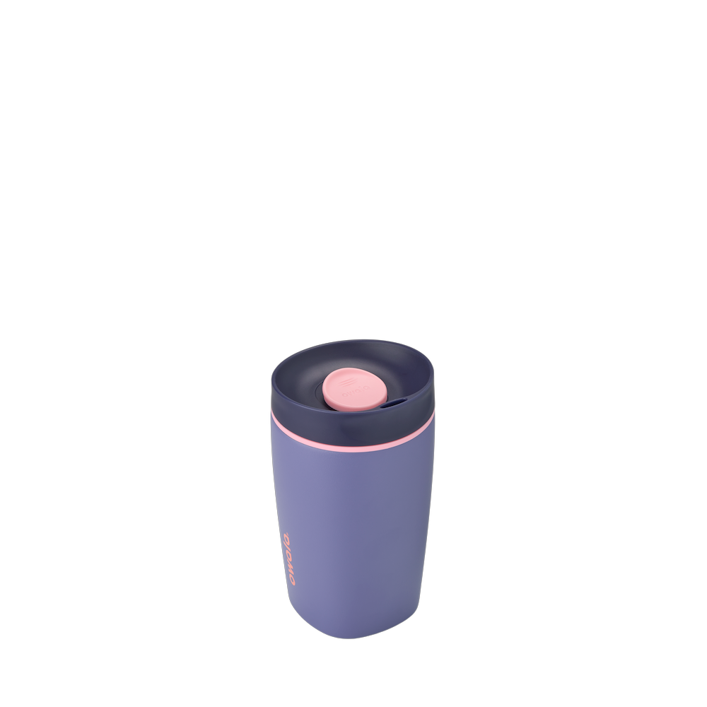 SmoothSip Slider 12oz in Blue Jay, periwinkle blue body with navy blue lid, pink slider button, pink accent ring, and pink Owala logo