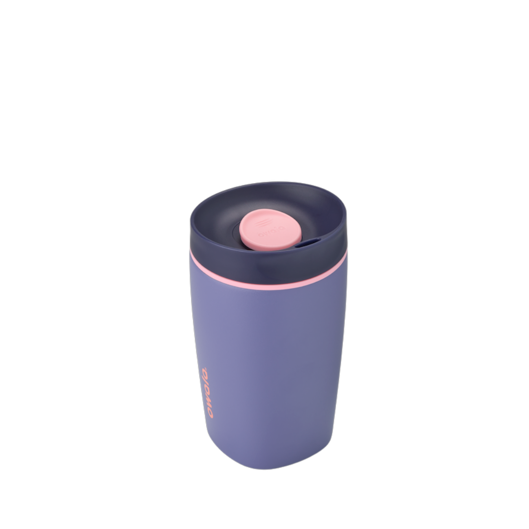 SmoothSip Slider 12oz, periwinkle blue body with navy lid and pink slider button