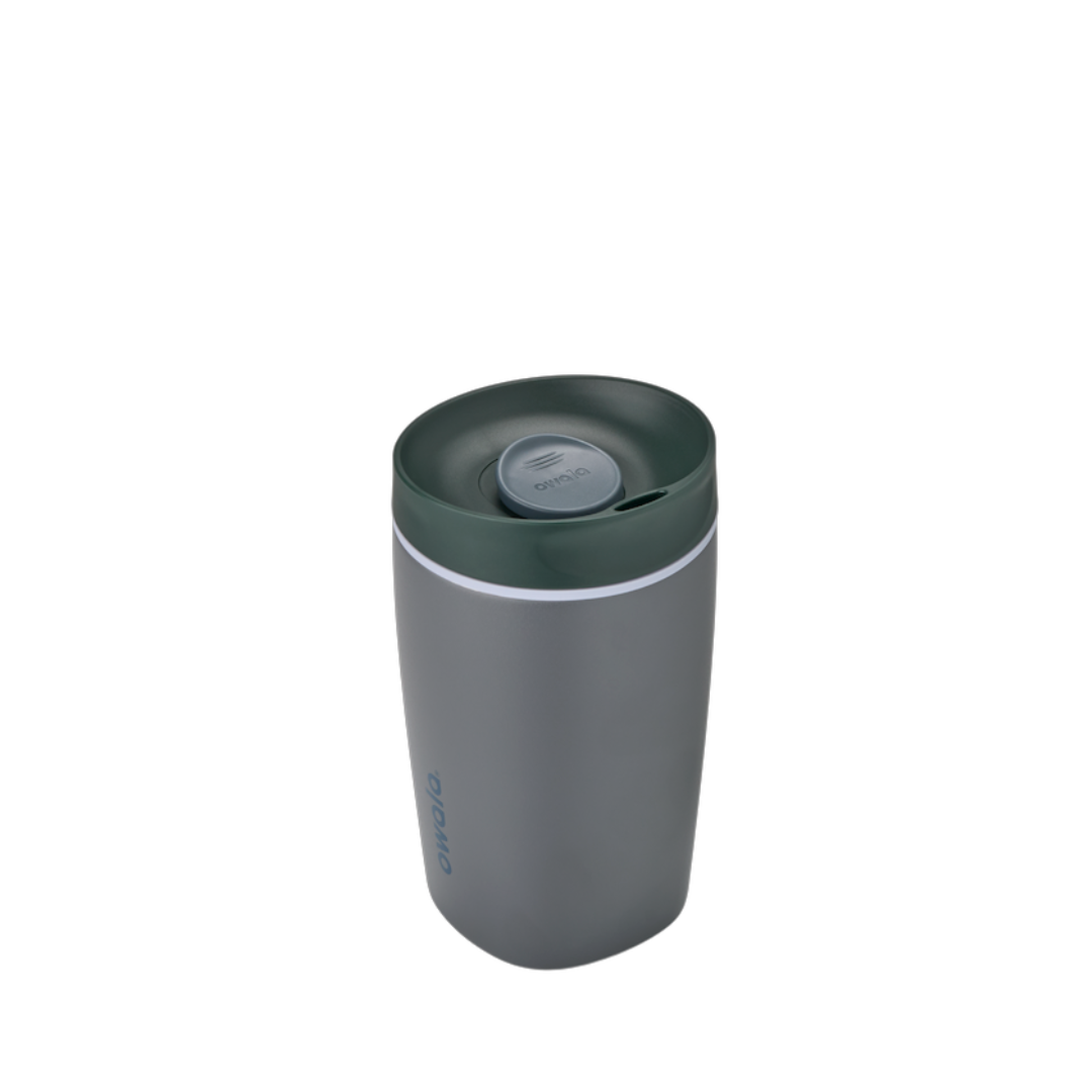 SmoothSip Slider 12oz, dark charcoal gray body with dark green lid
