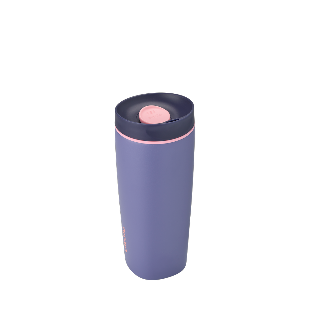 SmoothSip Slider 20oz in Blue Jay, periwinkle blue body with navy blue lid, pink slider button, pink accent ring, and pink Owala logo
