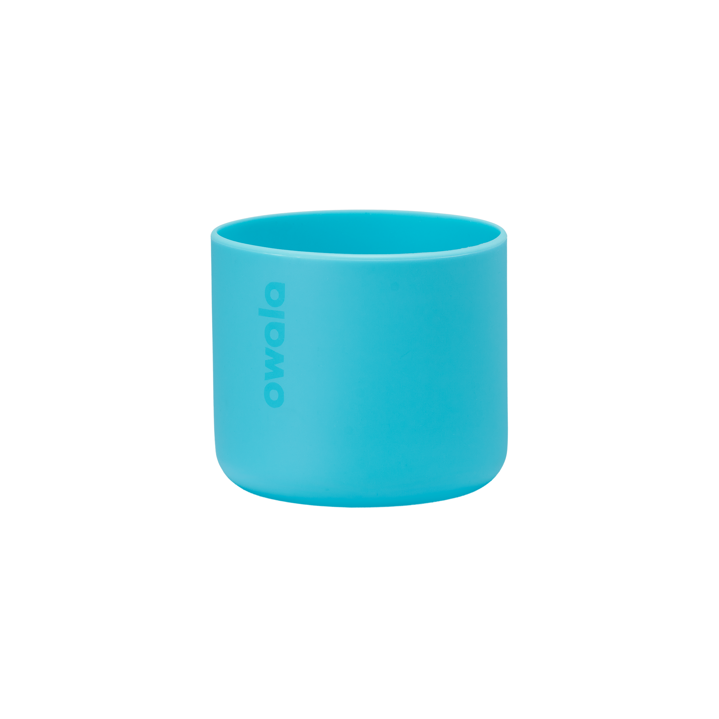 Owala Bottle Boot 24oz in bright cyan blue silicone with white Owala logo, solo