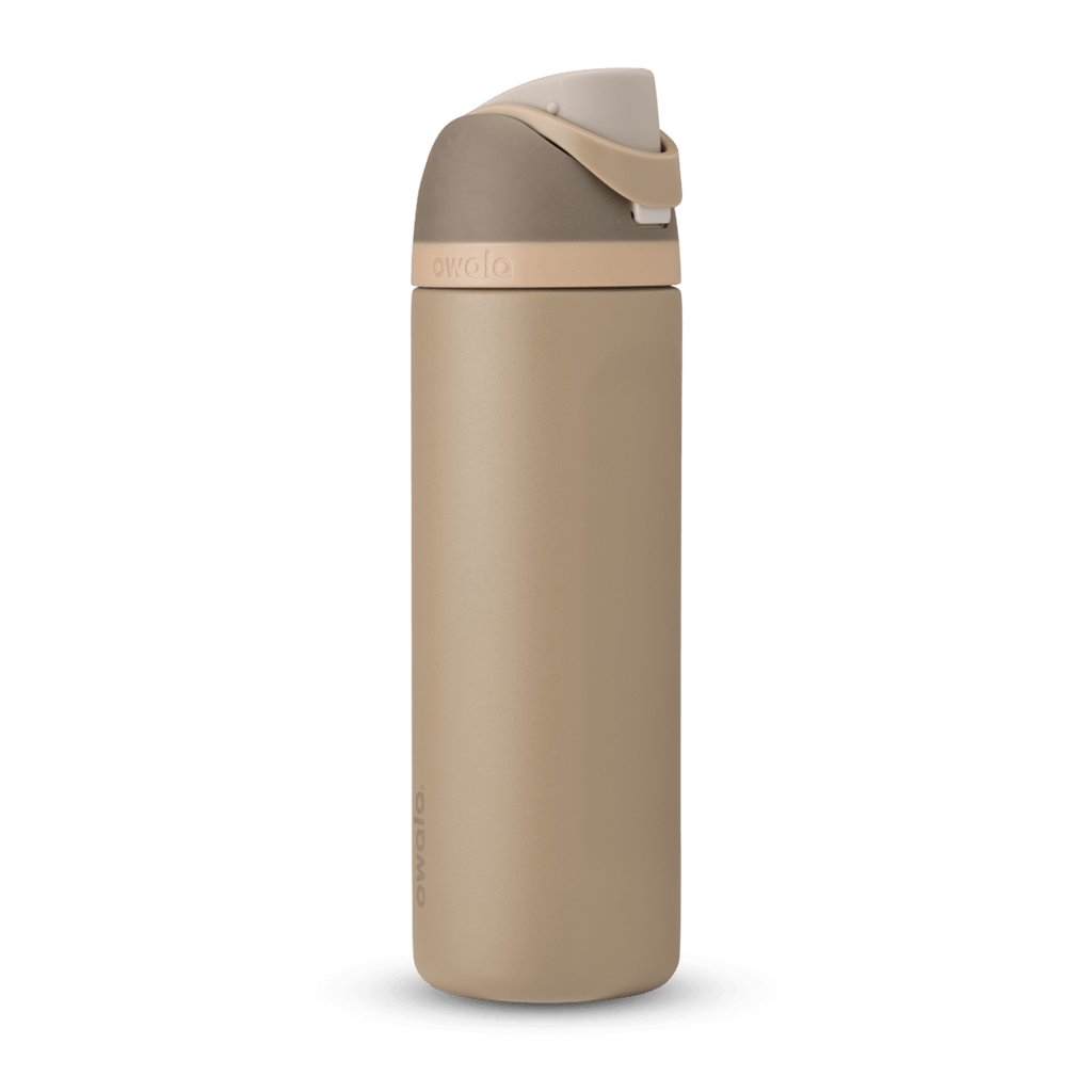 FreeSip 24oz in Down to Earth, warm sand/tan body with matching tan flip cap and carry loop