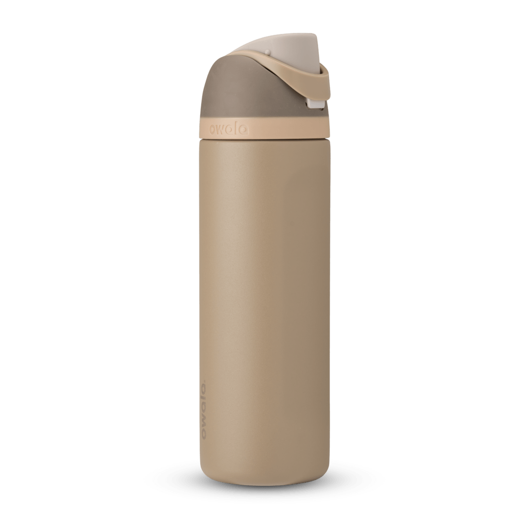 FreeSip 24oz in Down to Earth, warm sand/tan body with matching tan flip cap and carry loop