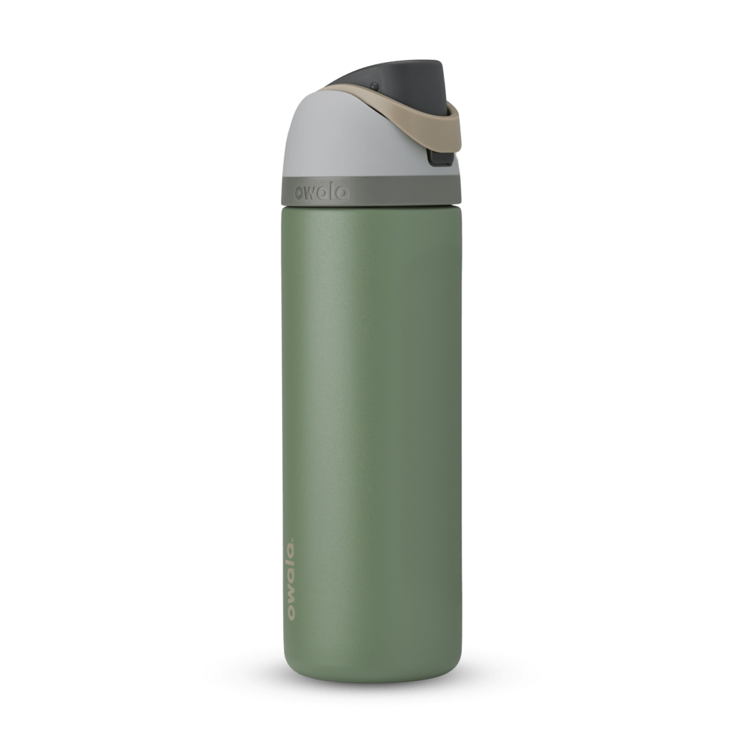 FreeSip 24oz in Green House, olive green body with light gray lid, tan carry loop, and dark gray flip cap