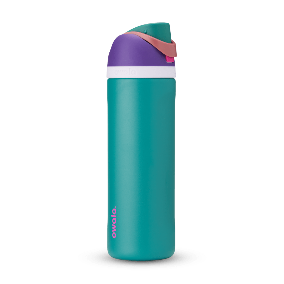 FreeSip 24oz in 80s Ski Slopes, teal body with purple flip cap, pink carry loop, white accent band, and pink logo