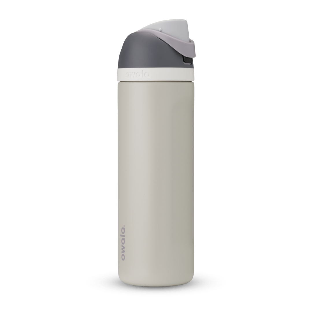 FreeSip 24oz water bottle, off-white cream body with medium gray lid and carry loop