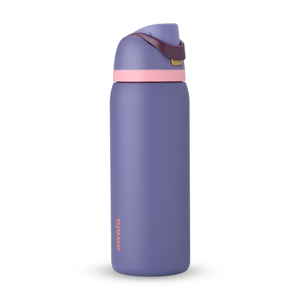 FreeSip 32oz in Blue Jay, dusty purple body with matching purple flip cap, dark burgundy carry loop, and light pink accent band