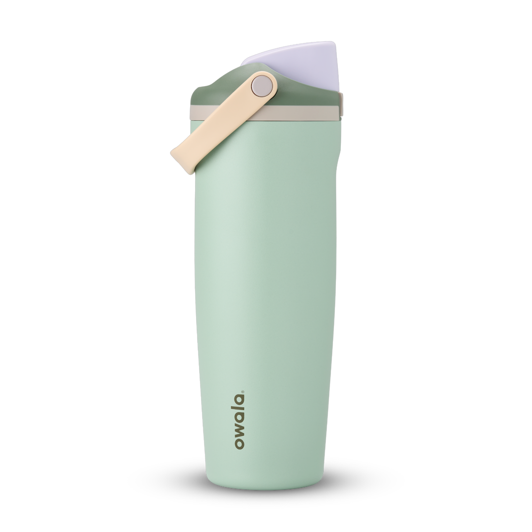 FreeSip Sway 32oz in Eucalyptus, sage green insulated water bottle with sage green flip cap, cream tan carry loop and lavender lid interior, lid open
