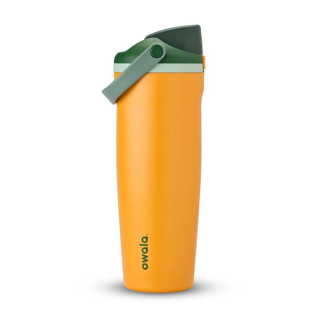 FreeSip Sway 32oz, bright golden yellow tumbler with dark olive green flip cap and carry loop
