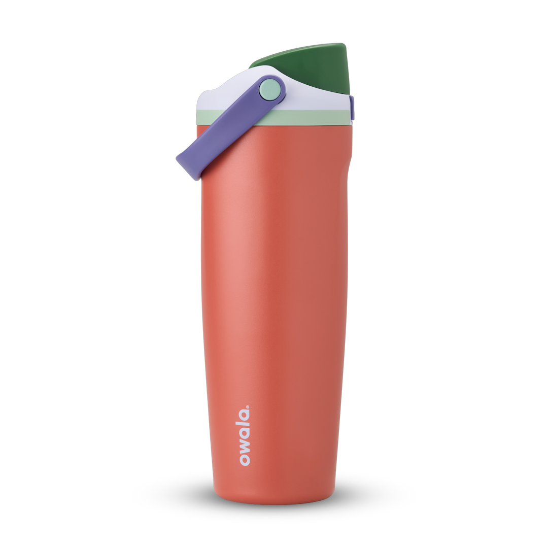 FreeSip Sway 32oz, terracotta orange tumbler with dark green and lavender accent lid