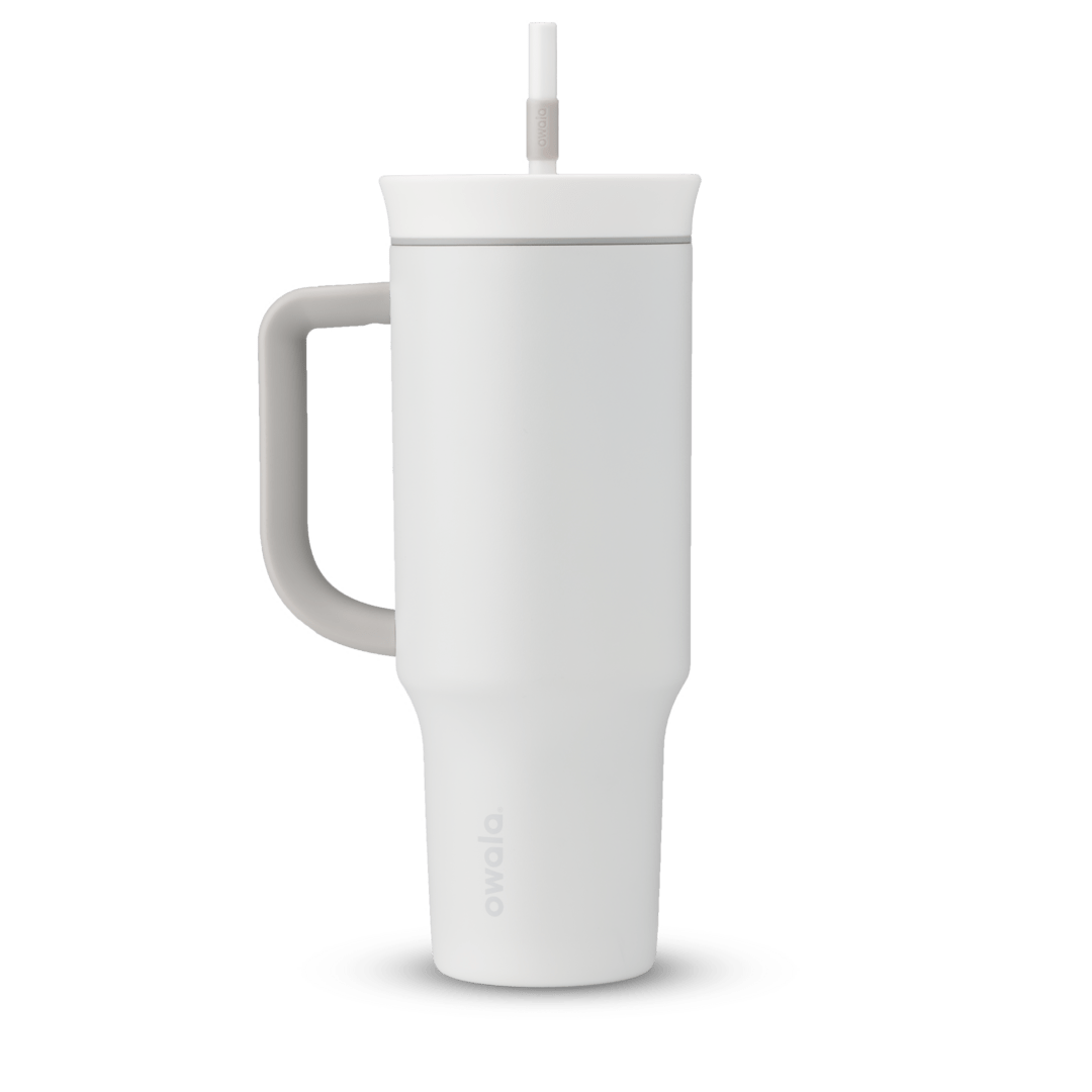 40oz Tumbler in Shy Marshmallow, off-white insulated tumbler with matching pale handle, lid, and straw