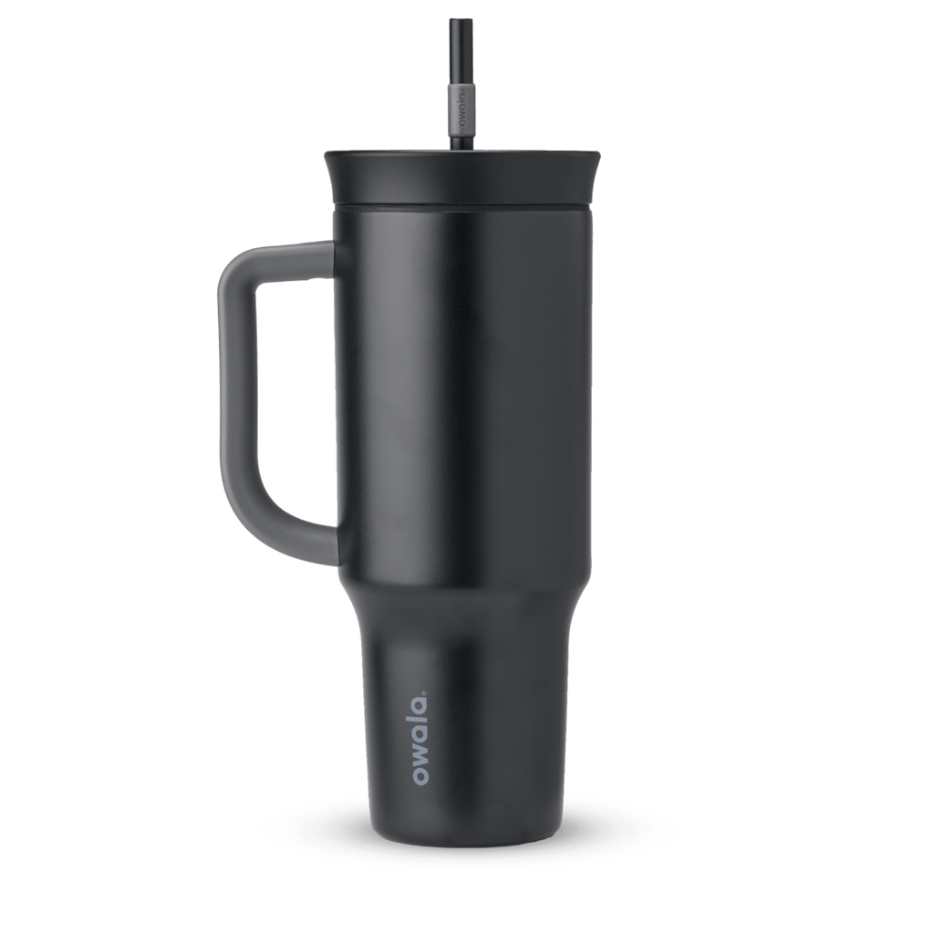 40oz Tumbler in Very, Very Dark, near-black charcoal insulated tumbler with matching dark handle, lid, and straw