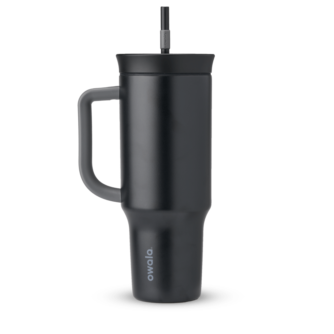 40oz Tumbler in Very, Very Dark, near-black charcoal insulated tumbler with matching dark grey handle, lid, and straw