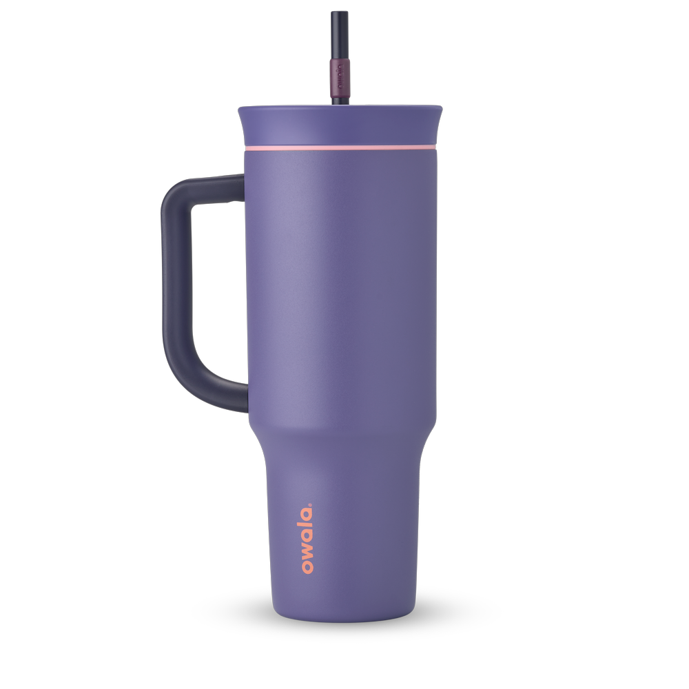40oz Tumbler in Blue Jay, deep periwinkle purple insulated tumbler with navy handle, matching purple lid with coral accent ring, and dark straw with burgundy grip