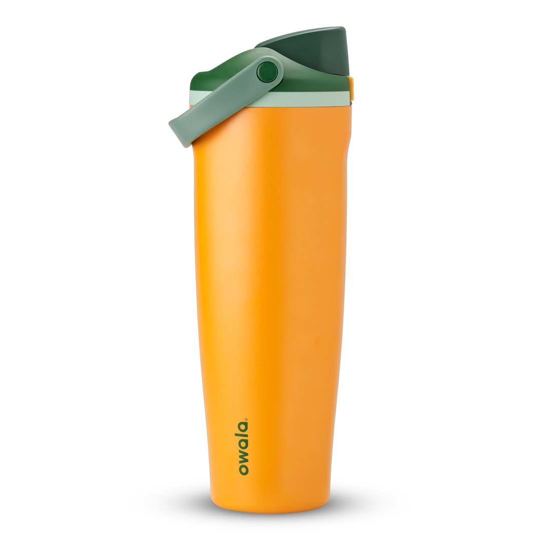 FreeSip Sway 40oz, bright golden yellow tumbler with olive green flip cap; taller 40oz silhouette