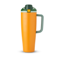 FreeSip Tumbler 40oz in Orange Grove — bright orange body with dark forest green lid and orange handle, viewed from the handle side