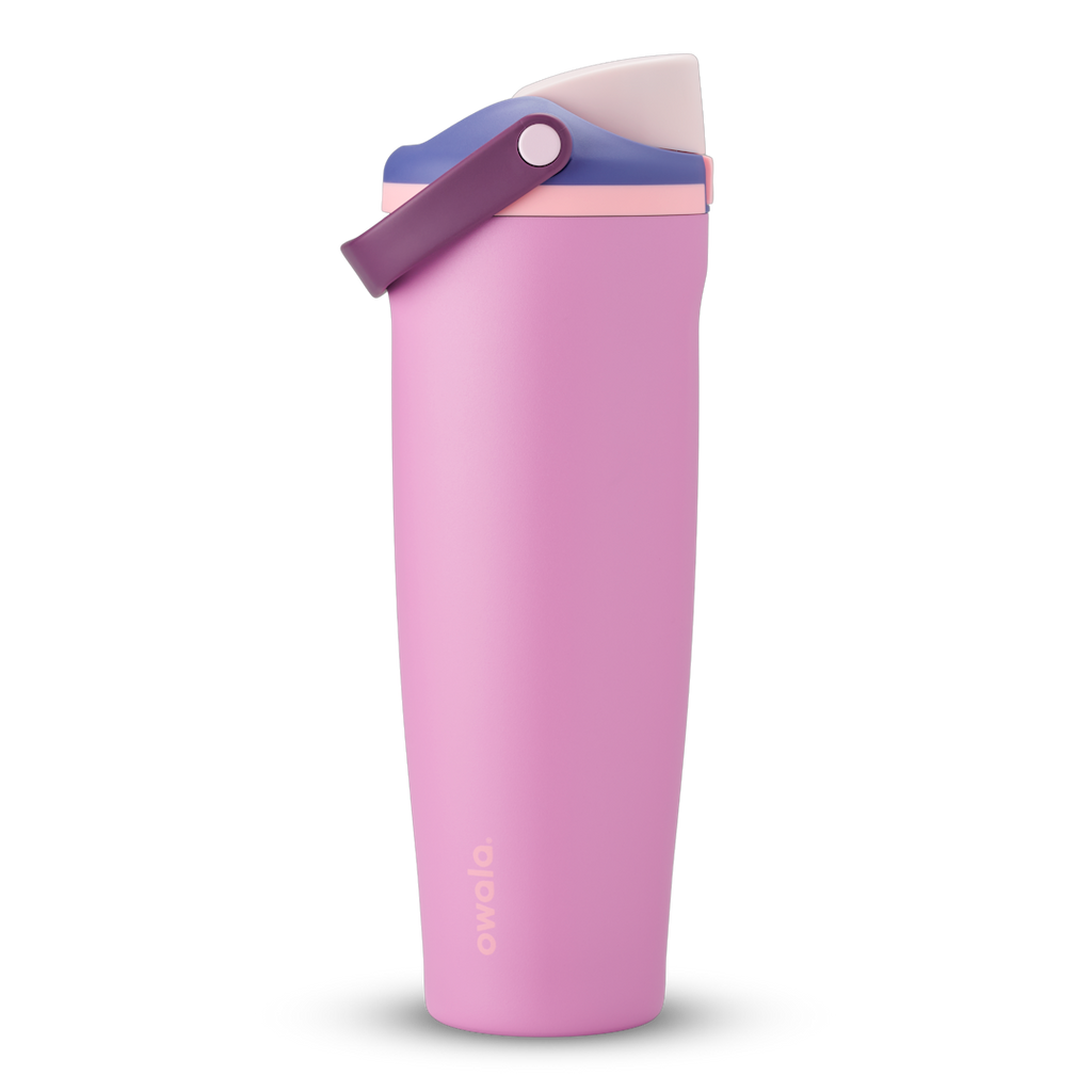 FreeSip Sway 40oz, soft lilac pink tumbler with purple and blush accent lid; taller 40oz silhouette