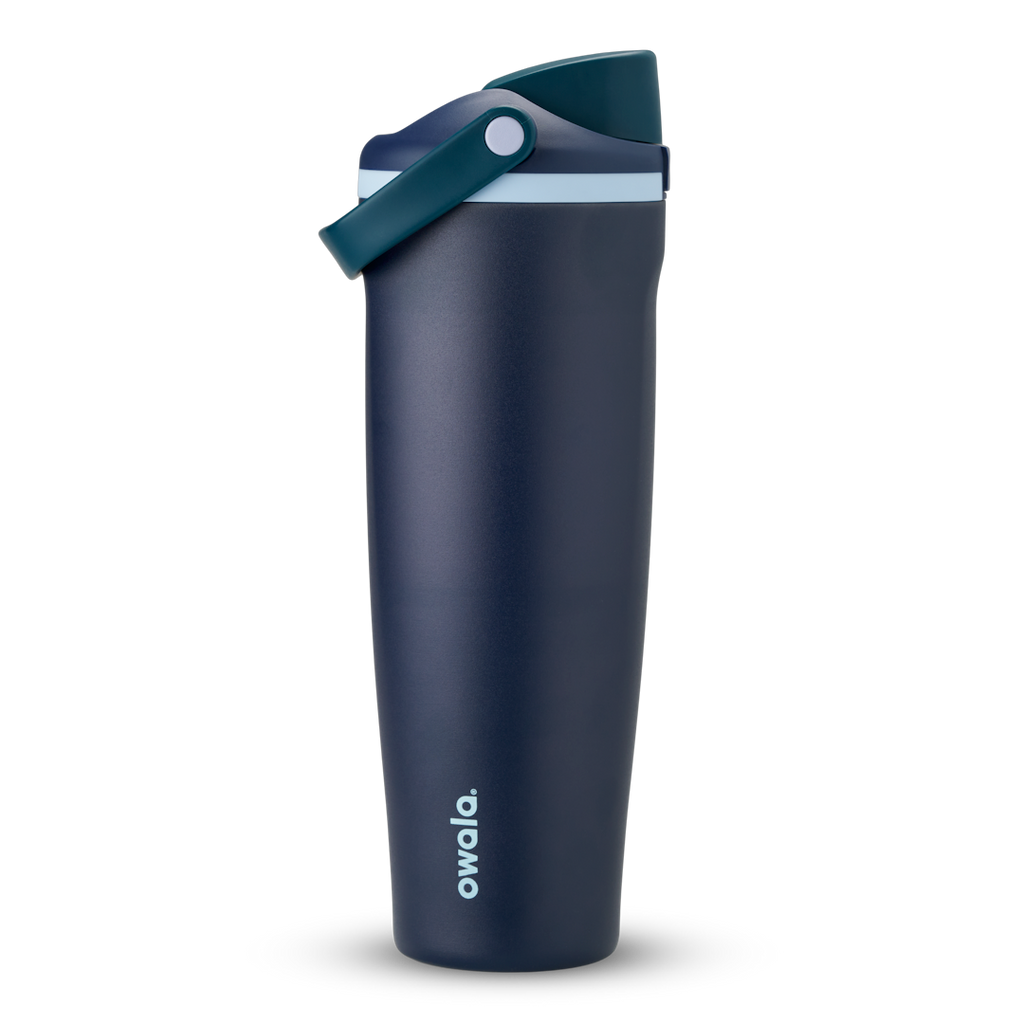 FreeSip Sway 40oz in Sea Captain, deep navy blue insulated water bottle with teal flip cap, navy carry loop and pale blue accent, lid open