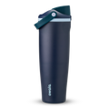 FreeSip Sway 40oz in Sea Captain, deep navy blue insulated water bottle with teal flip cap, navy carry loop and pale blue accent, lid open