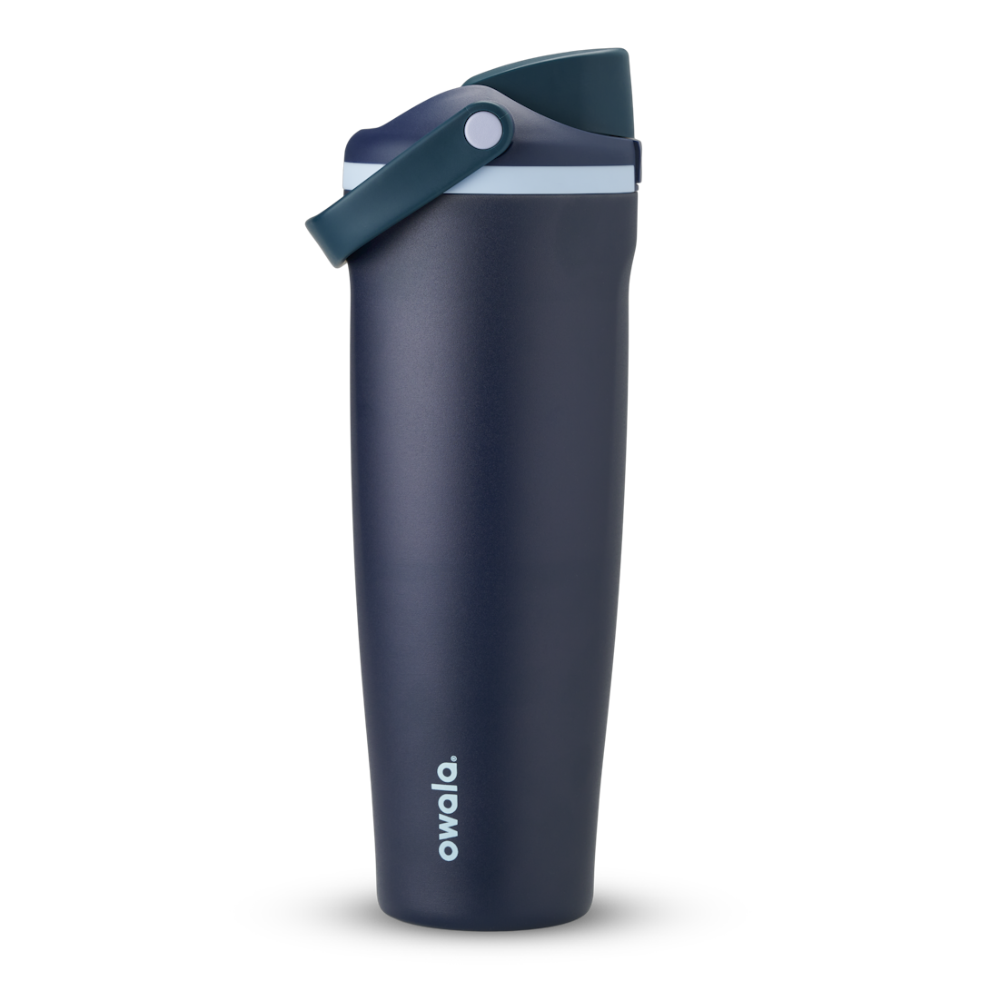 FreeSip Sway 40oz in Sea Captain, deep navy blue insulated water bottle with teal flip cap, navy carry loop and pale blue accent, lid open