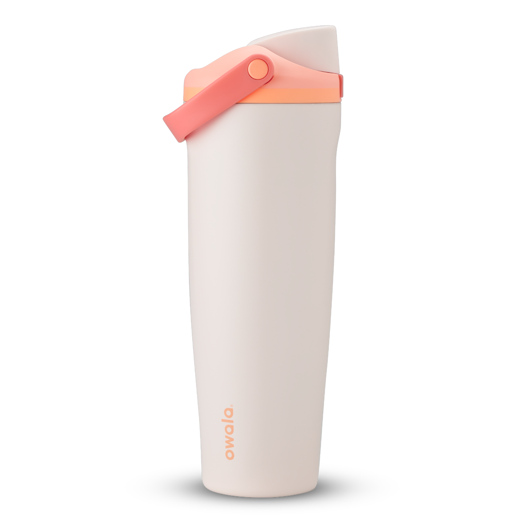 FreeSip Sway 40oz, light cream white tumbler with coral peach flip cap and carry loop; taller 40oz