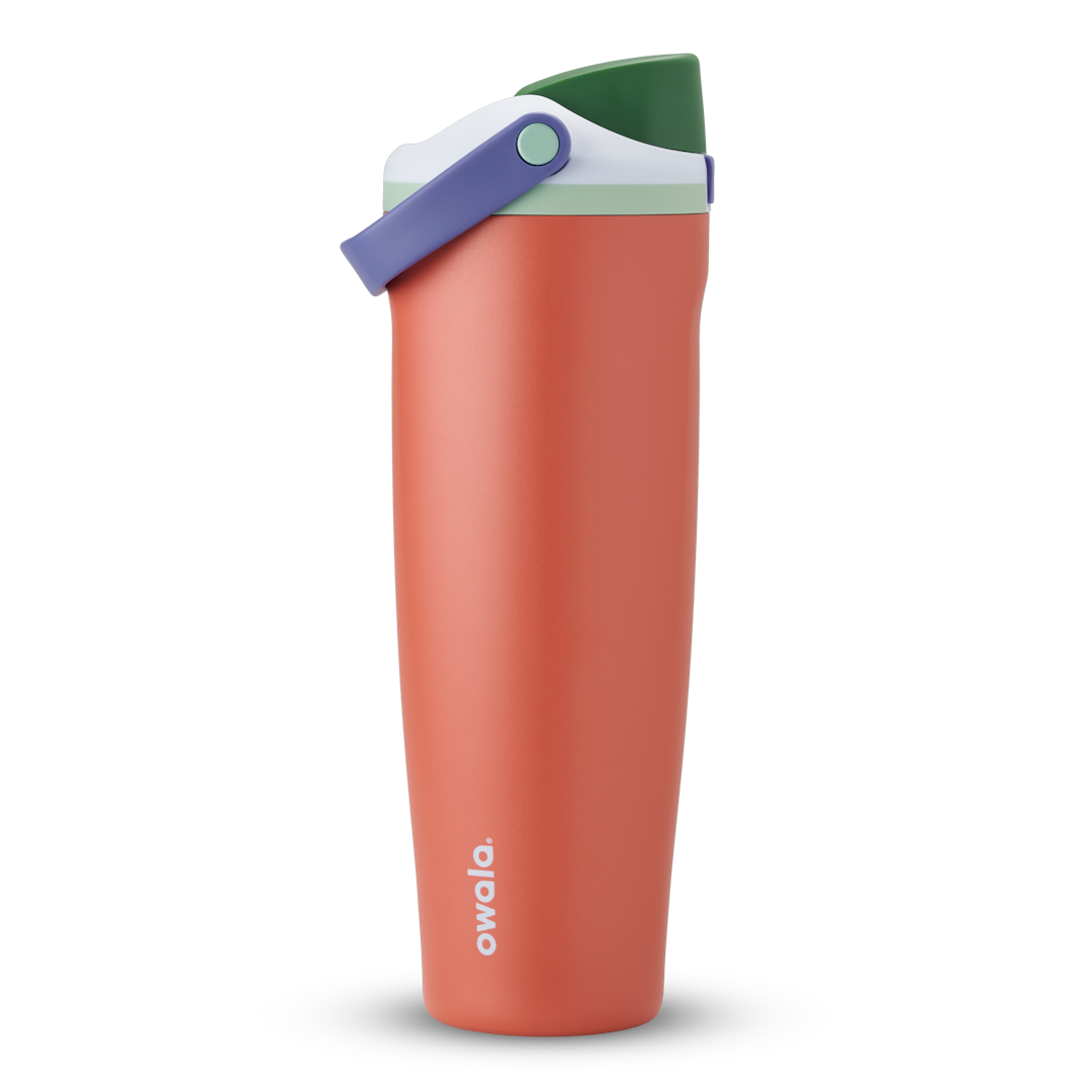 FreeSip Sway 40oz, terracotta orange tumbler with dark green and lavender accent lid; taller 40oz