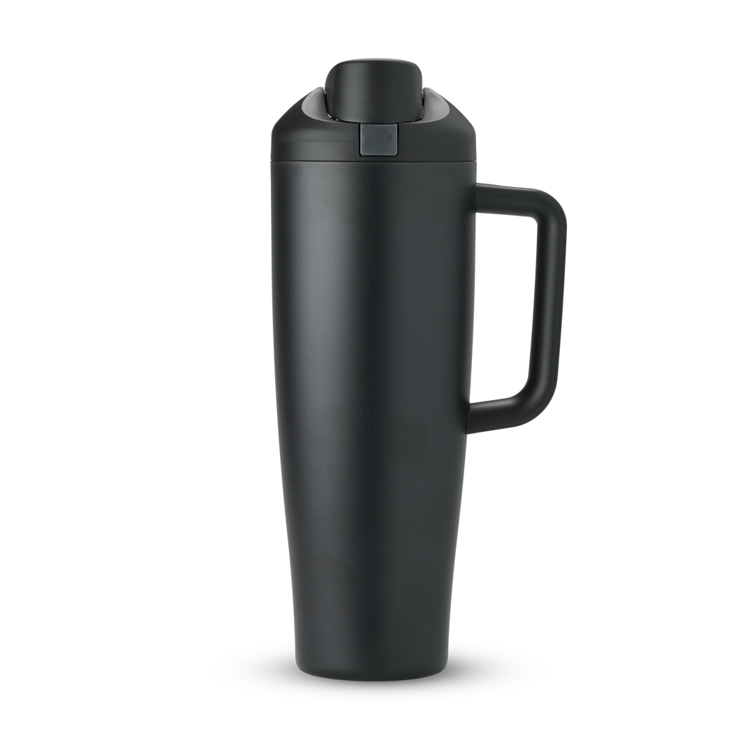 FreeSip Tumbler 40oz in Very Very Dark — matte black body with matching black lid and handle, viewed from the handle side