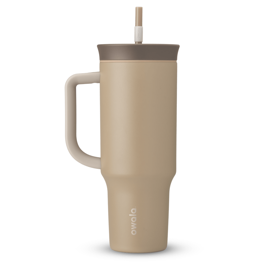 40oz Tumbler in Down to Earth, warm sandy tan insulated tumbler with darker taupe handle and lid with straw