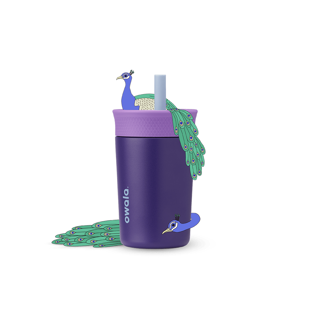 Kids' Tumbler 12oz Peacock Paradise, deep purple tumbler with lavender lid; peacock figurine on straw