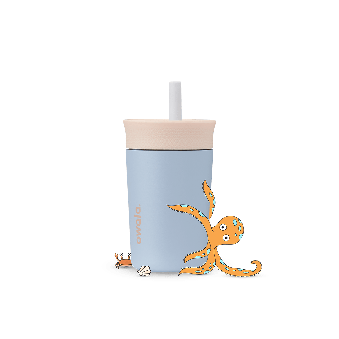 Kids' Tumbler 12oz in Seas the Day; light blue body with cream lid and white straw, decorative octopus, crab, and shell illustrations on body