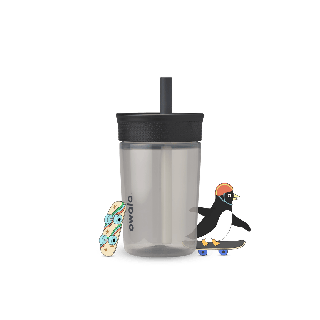 Kids' Tumbler 15oz in Skate Park; translucent smoke gray plastic body with black lid and matching black straw, black Owala logo on front
