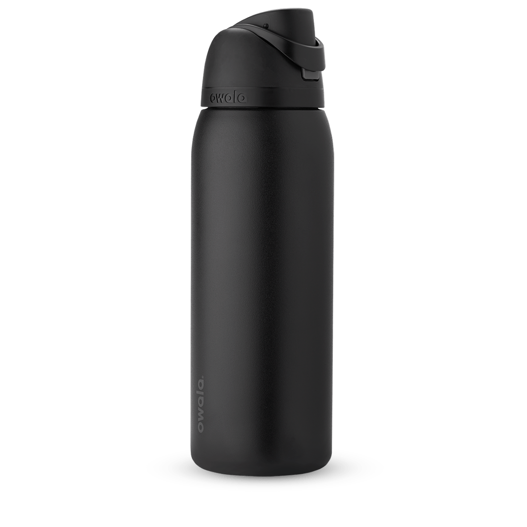 FreeSip 40oz water bottle, matte near-black body with matching dark flip cap and carry loop