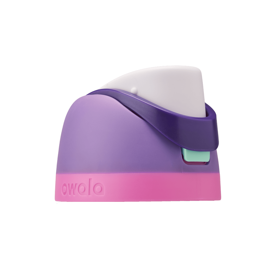 Owala FreeSip replacement lid in Bunny Business, lavender purple body with white flip cap, deep purple carry loop, and bright pink base accent band
