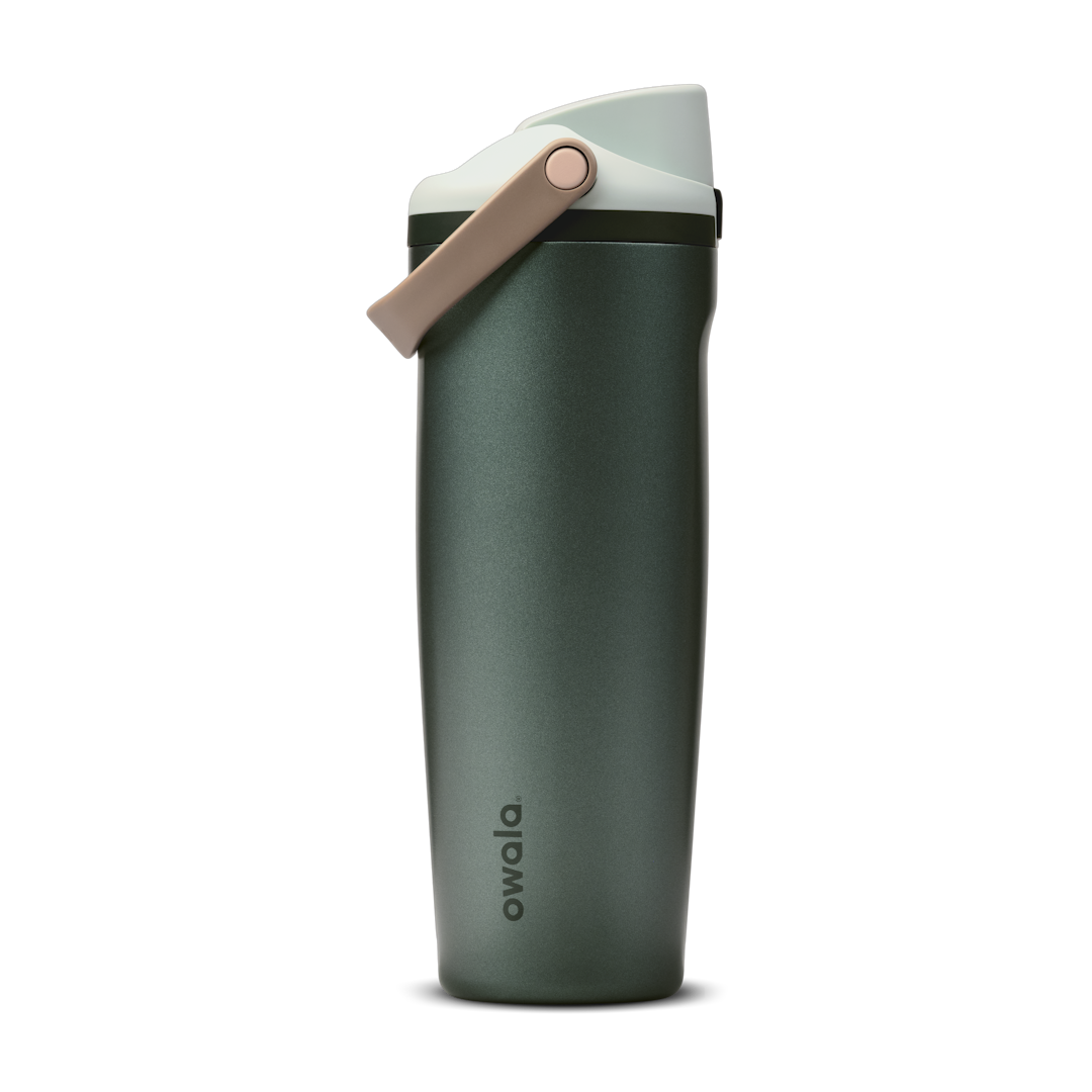 FreeSip Sway 30oz Wintergreen; deep forest green body with soft mint-sage flip cap and tan leather carry loop