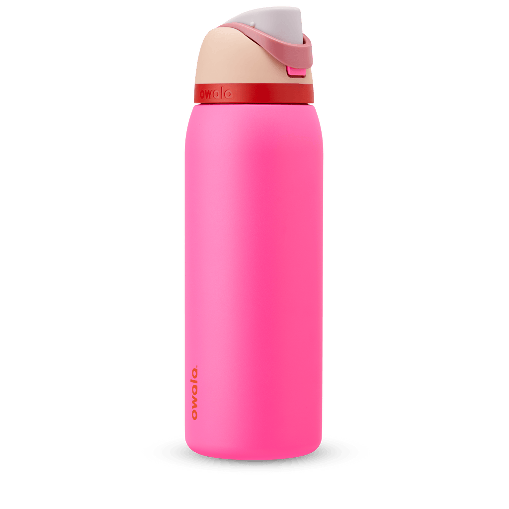 FreeSip 40oz in Can You See Me?, hot pink body with red accent band, peach flip cap, dusty rose carry loop, lavender lid, and orange logo