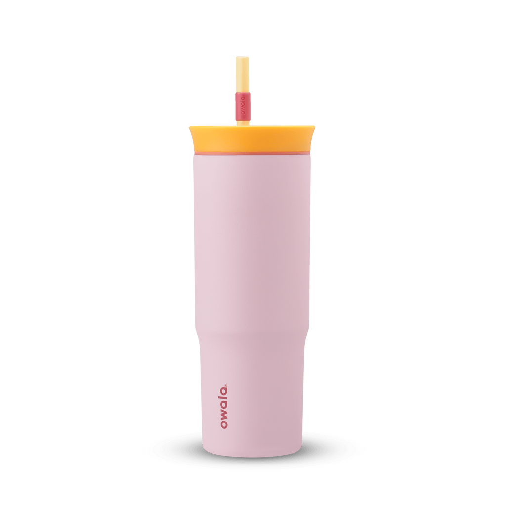 24oz Tumbler in Candy Store; blush pink body with yellow lid, coral accent ring, and yellow and red straw