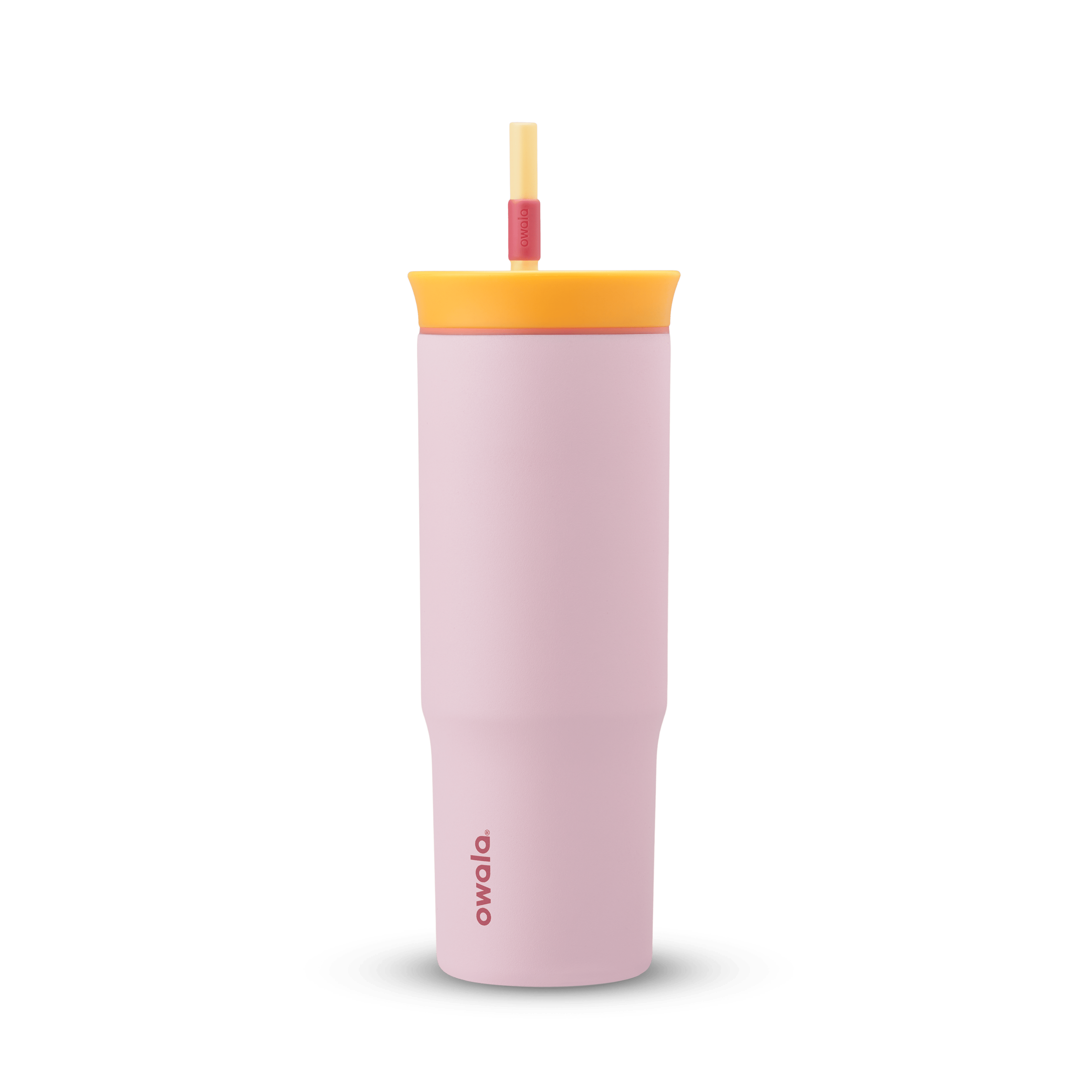 24oz Tumbler in Candy Store; blush pink body with yellow lid, coral accent ring, and yellow and red straw