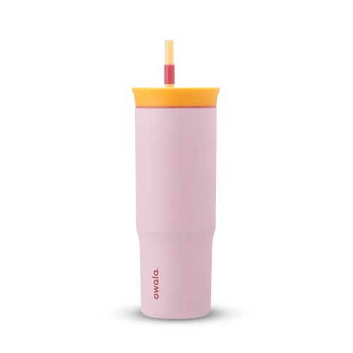 24oz Tumbler in Candy Store; blush pink body with yellow lid, coral accent ring, and yellow and red straw