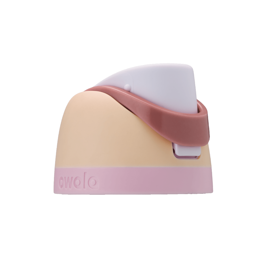 Owala FreeSip replacement lid in Coastal Mist, peach cream body with white flip cap, dusty rose carry loop, and light pink base accent band