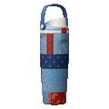 Rotating view of Common Threads Bottle Boot, patchwork quilted design in blue, red, and white bandana-style panels with a blue carry loop