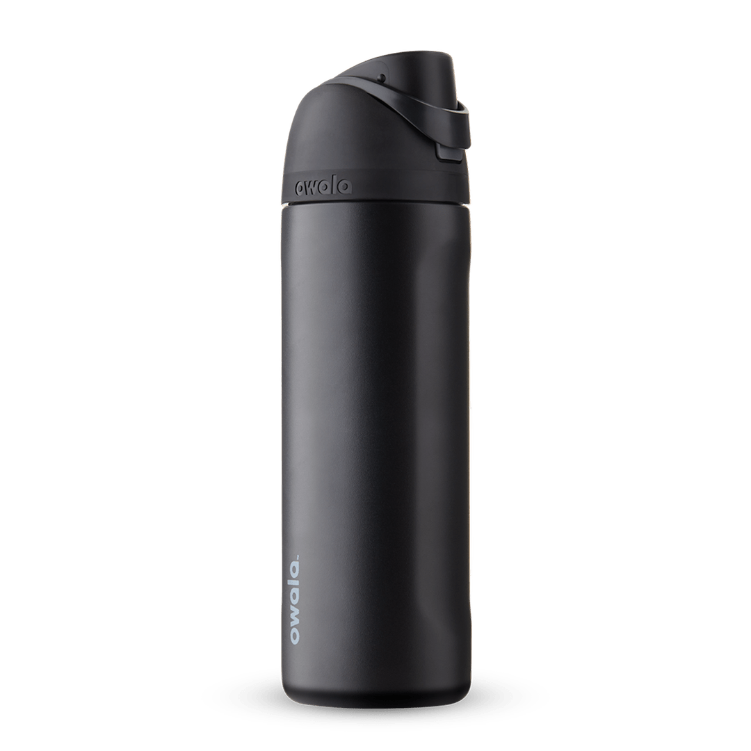 FreeSip 24oz water bottle, matte near-black body with matching dark flip cap and carry loop