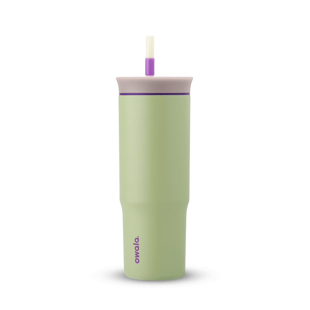 24oz Tumbler in Hip Cactus; sage green body with pale lavender lid, purple accent ring, and white straw with purple grip
