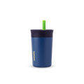 Kids' Tumbler 12oz in Home Base; navy blue insulated tumbler with dark navy lid and bright green straw, yellow Owala logo on front