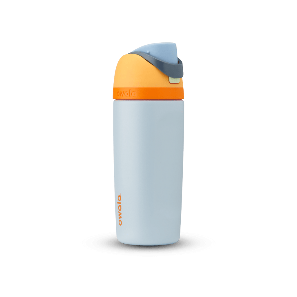 Kids FreeSip 16oz in Blue, light powder blue insulated bottle with bright orange lid and accent band, yellow-orange flip cap, light blue carry loop, and orange Owala logo