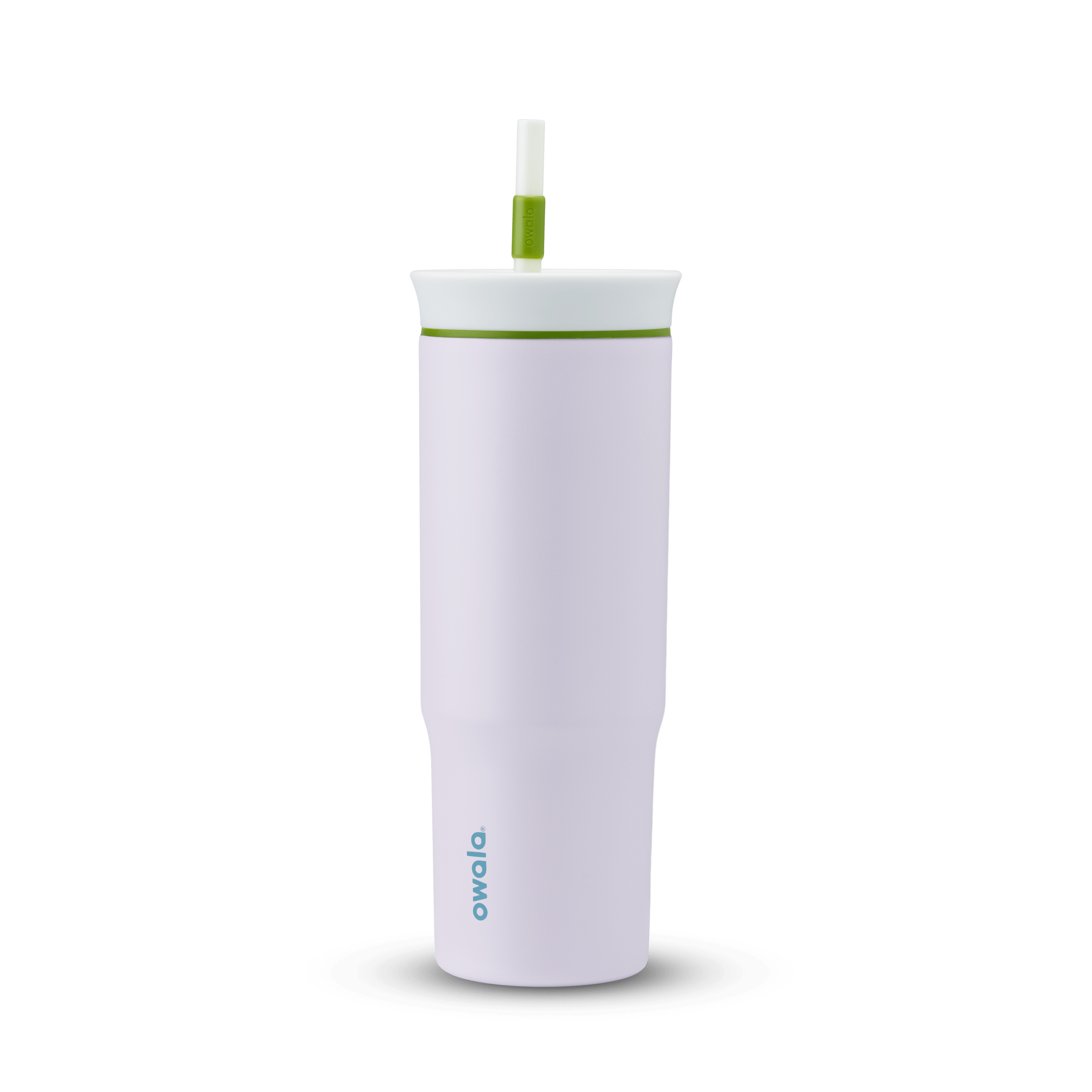 24oz Tumbler in Lost in Space; matte light lavender insulated tumbler with white lid, olive green accent ring, and white straw with green grip, Owala wordmark on front