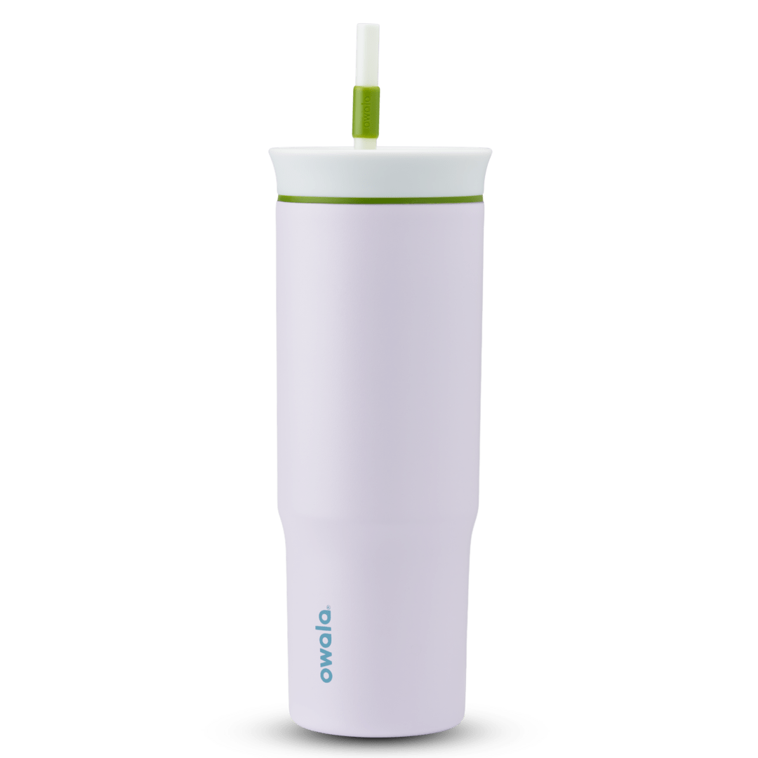 24oz Tumbler in Lost in Space; pale lavender body with white lid, green accent ring, and white straw with green grip