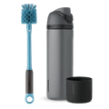 Starter Pack Bundle; gray FreeSip water bottle with gray flip cap, blue bottle brush with loop ring, and black silicone Bottle Boot