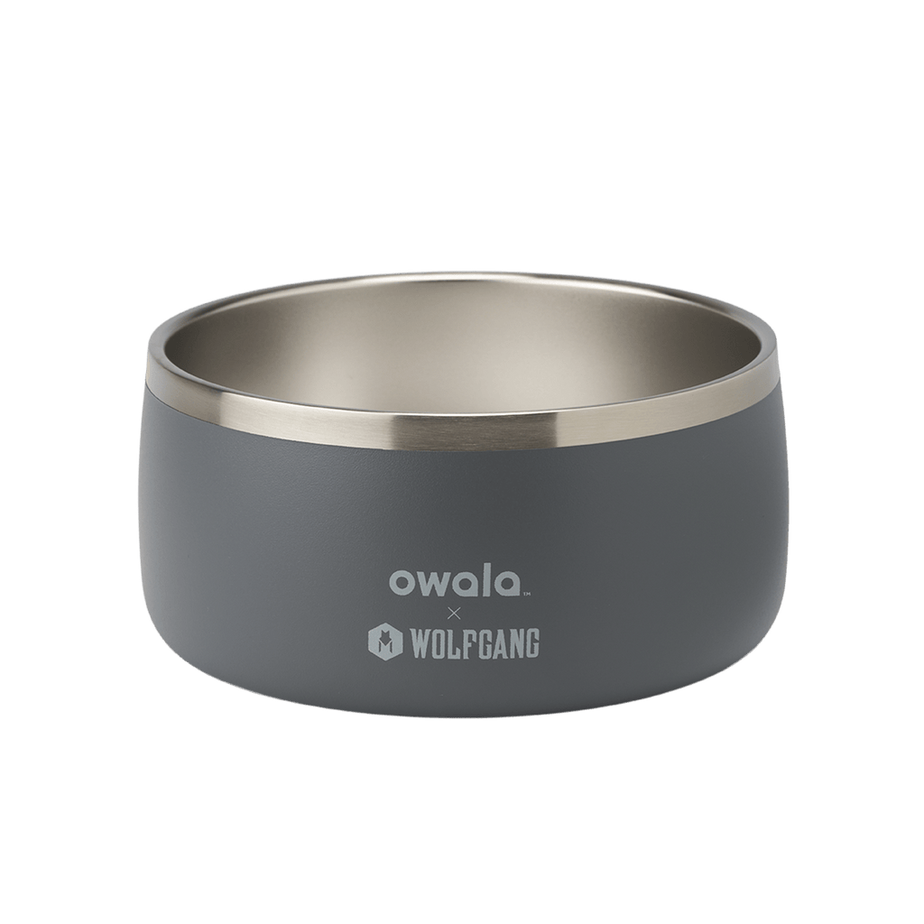 Pet Bowl 6-cup; matte slate gray exterior with stainless steel interior rim and Owala x Wolfgang logo on front