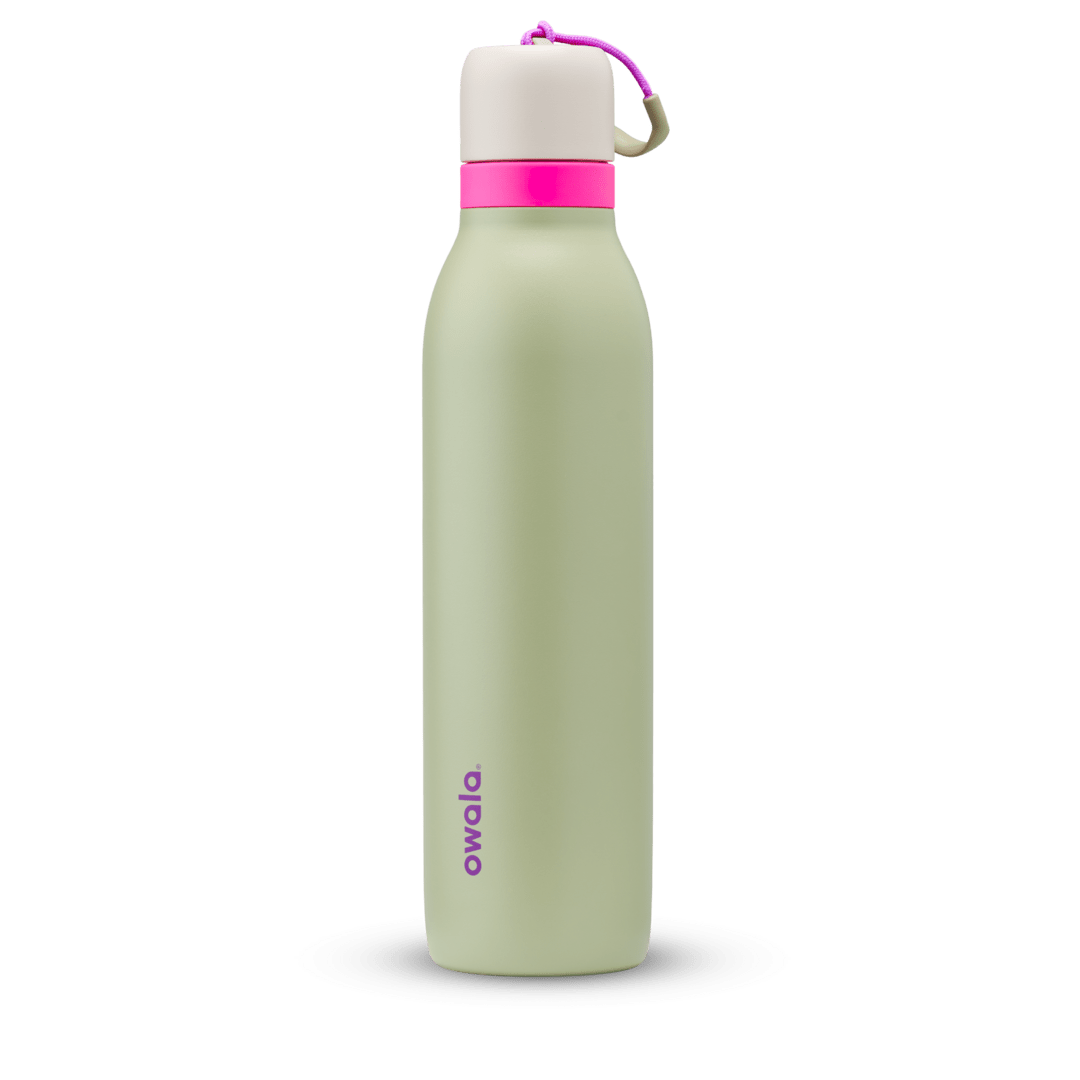 FreeSip Twist 24oz in Neo Sage, sage green insulated water bottle with cream twist cap, hot pink twist cap accent band, magenta carry string, and purple Owala logo